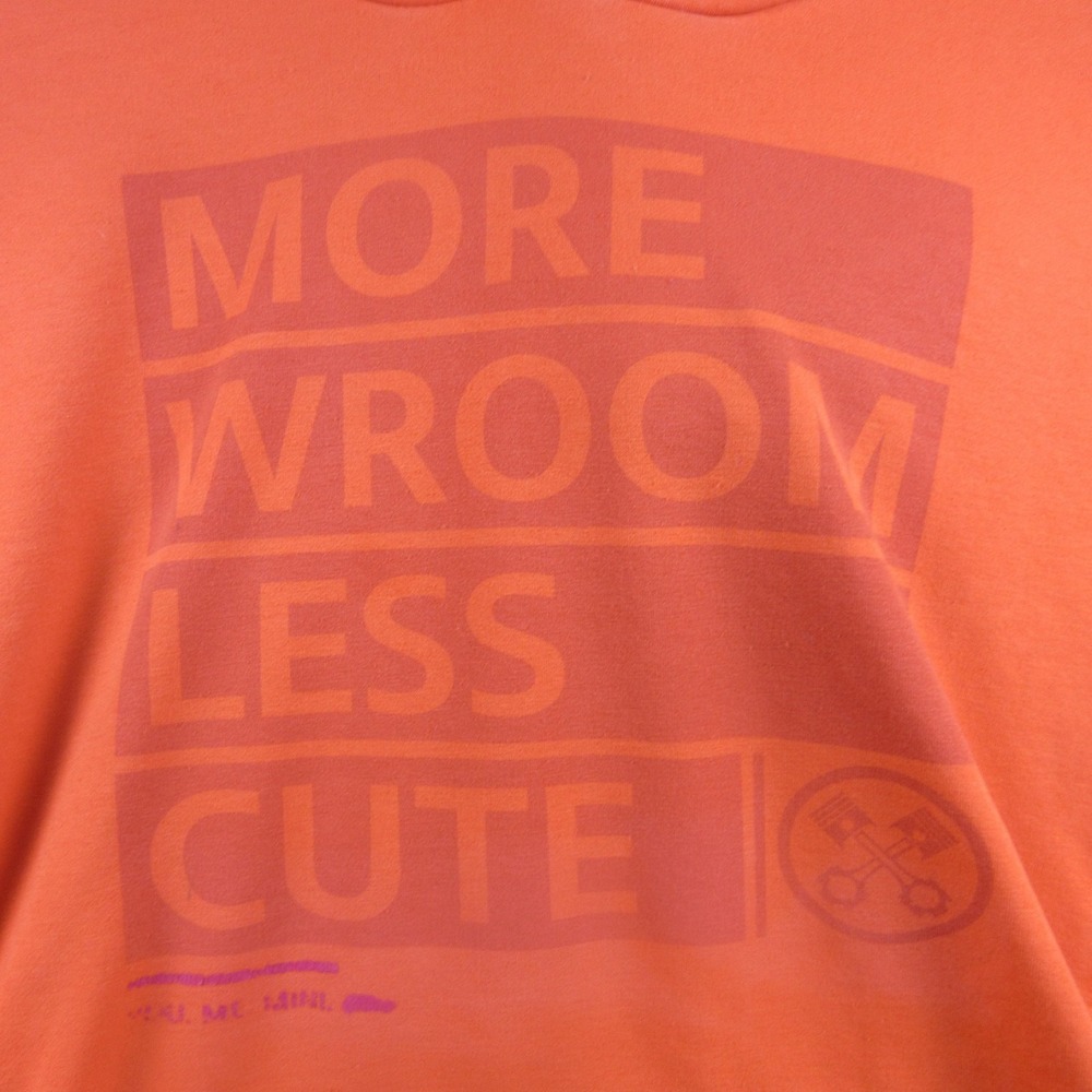 Mini Hoodie Mens Large Orange More‎ Wroom Less Cute Car Graphic Pullover - Picture 2 of 8